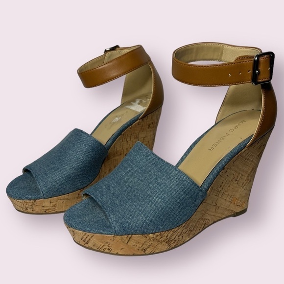 Marc Fisher Wander Denim Cork Wedges 7 - Picture 1 of 10